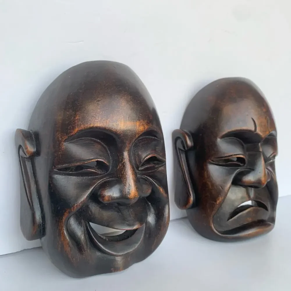 Vintage Mid Century Carved Wood Buddha Masks Wall Art